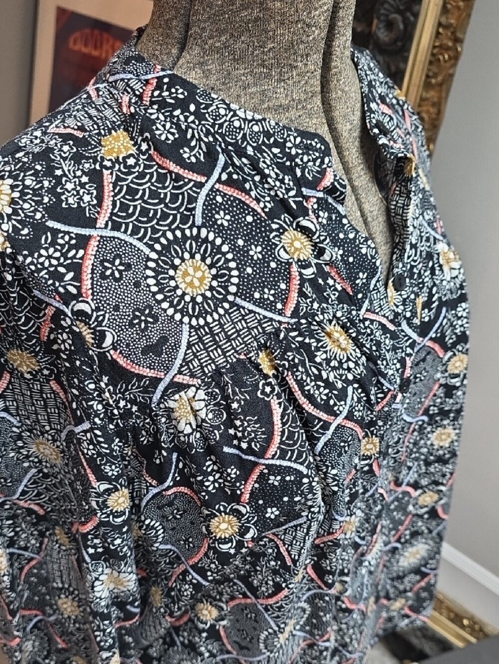 Treasure & Bond (Nordstrom) Floral Black/Orange/Wht/Yellow Long-Sleeve Blouse